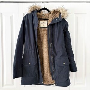 Hollister Navy and Faux Fur Parka Jacket